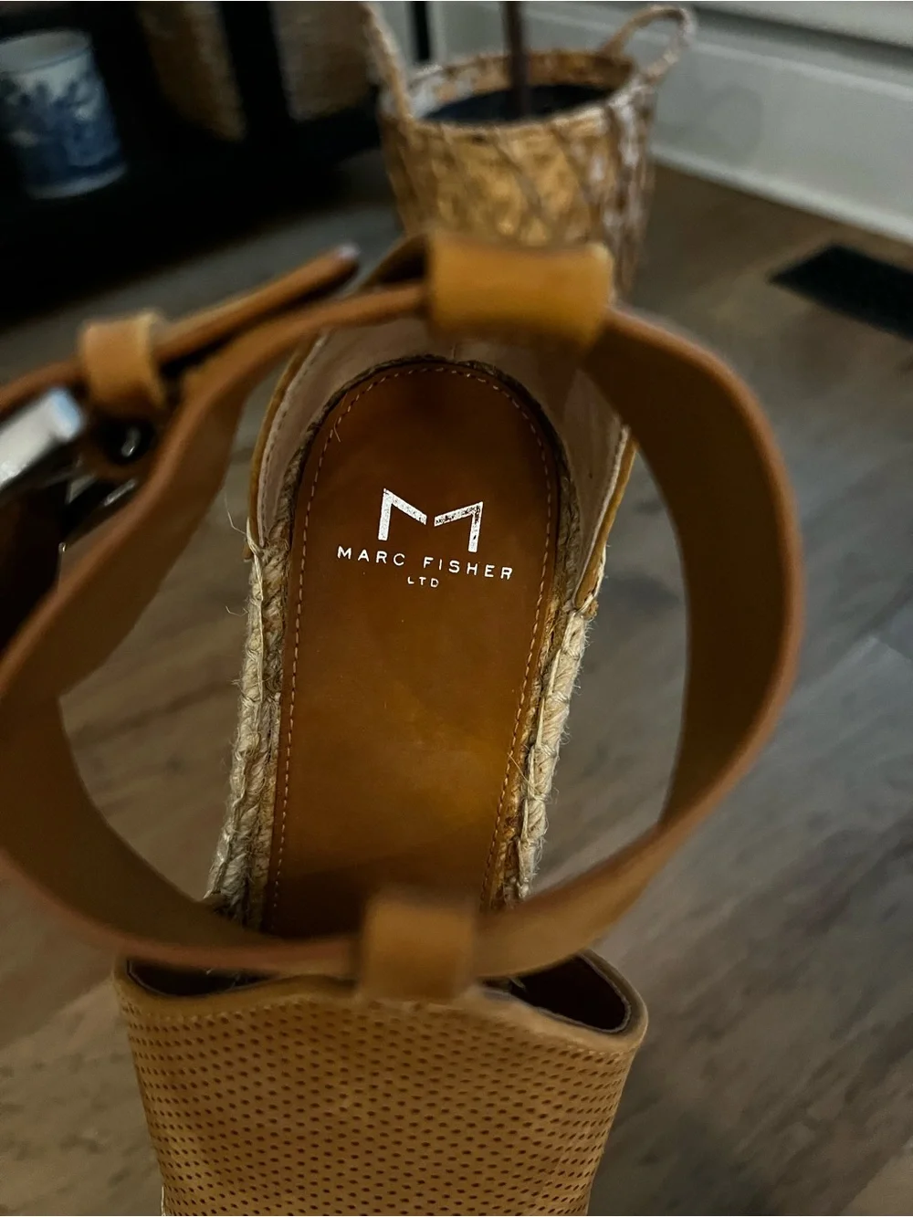 Marc Fisher Cognac Perforated Espadrille Wedge Sandals with Ankle Strap